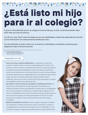 Artículo sobre preparación escolar con niña en uniforme y texto "¿Está listo mi hijo para ir al colegio?
